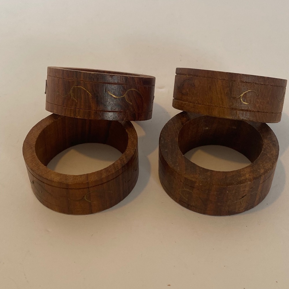Four Napkin Rings Excellent Wood Inlay Set of 4 India